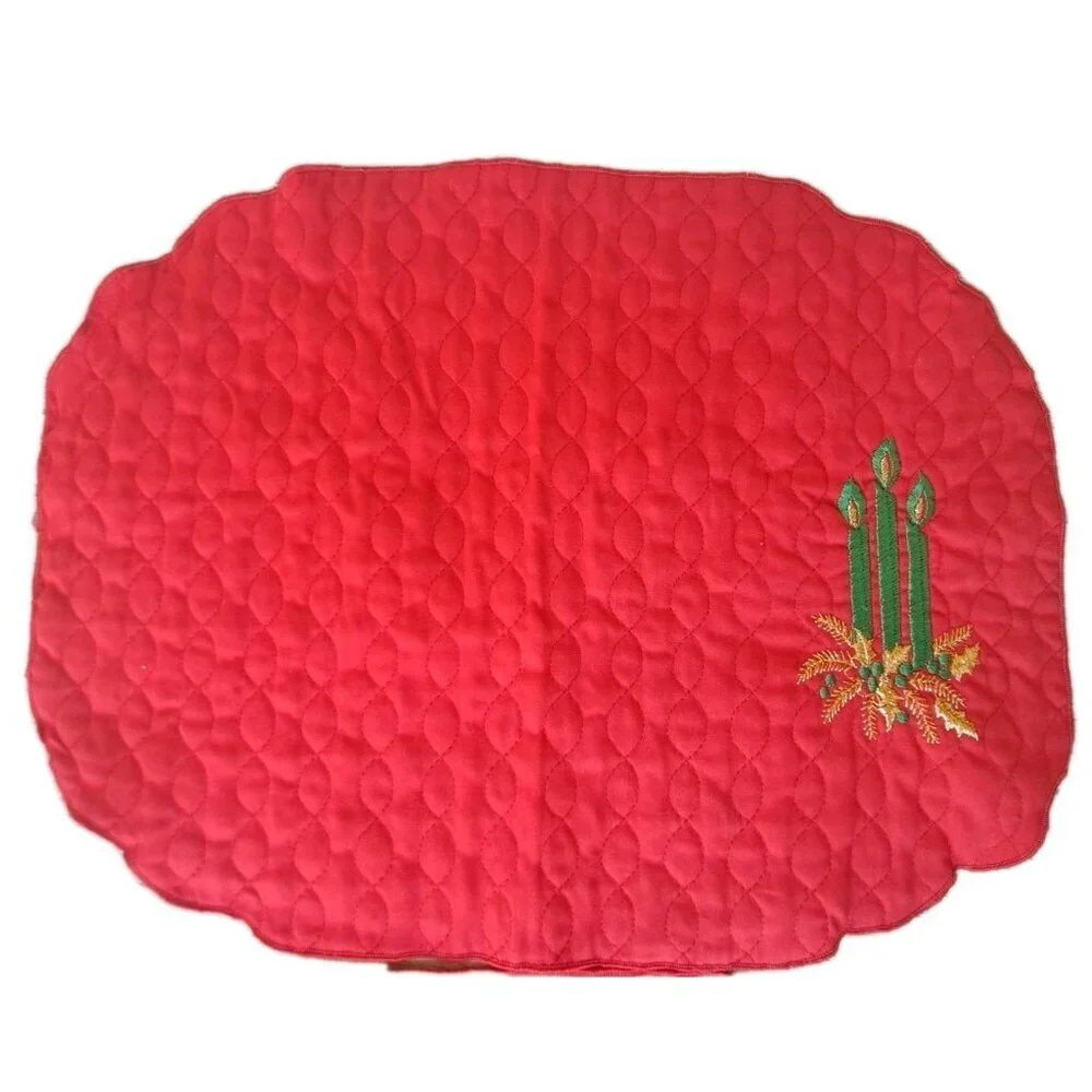 Set Of Two Unbranded Red Quilted Placemats Green Embroidered Candles